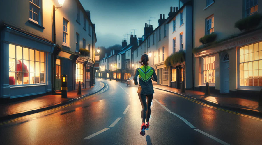 Woman running in the dark in a town in the middle of the road